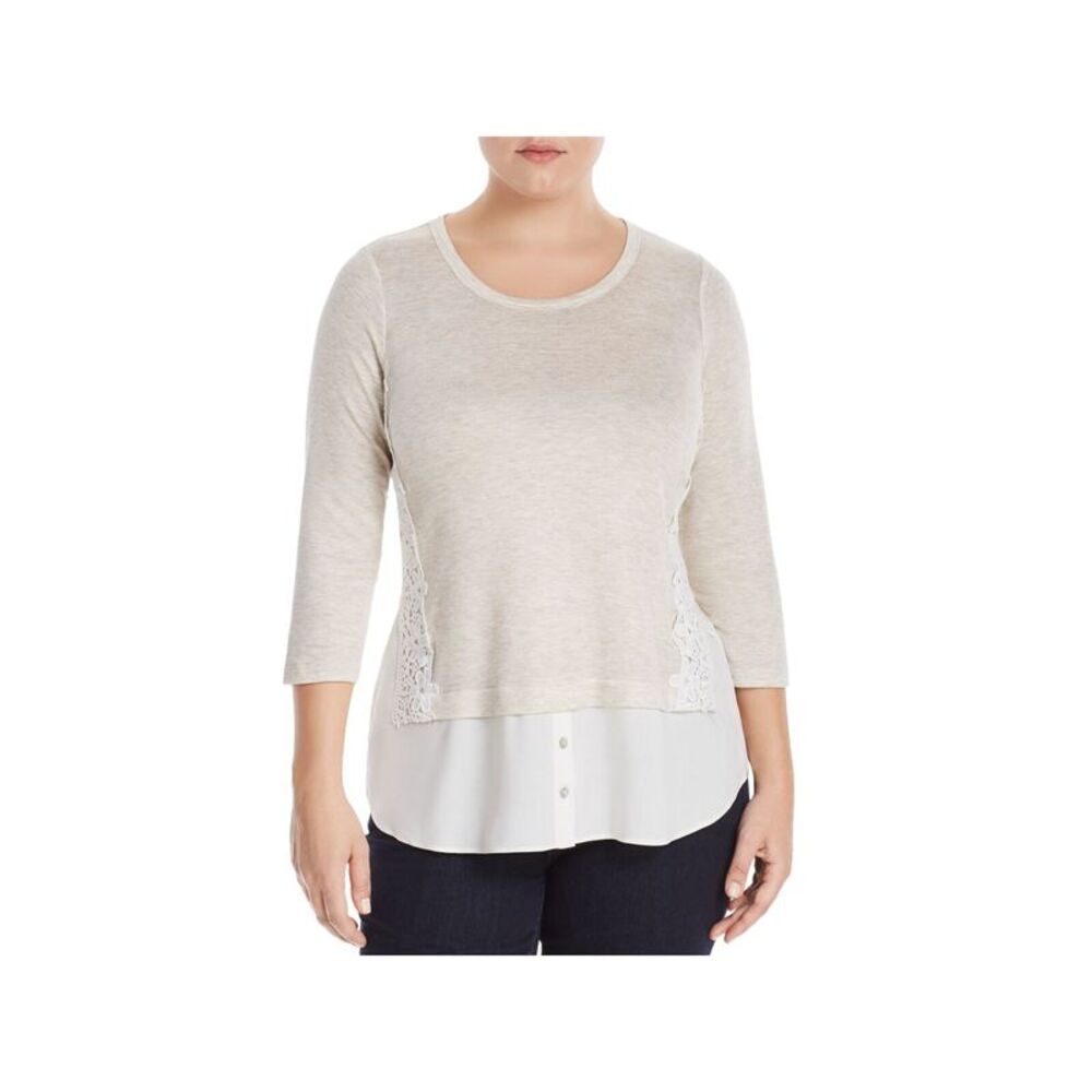 STATUS BY CHENAULT Womens Beige 3/4 Sleeve Scoop Neck Wear To Work Top Plus 3X